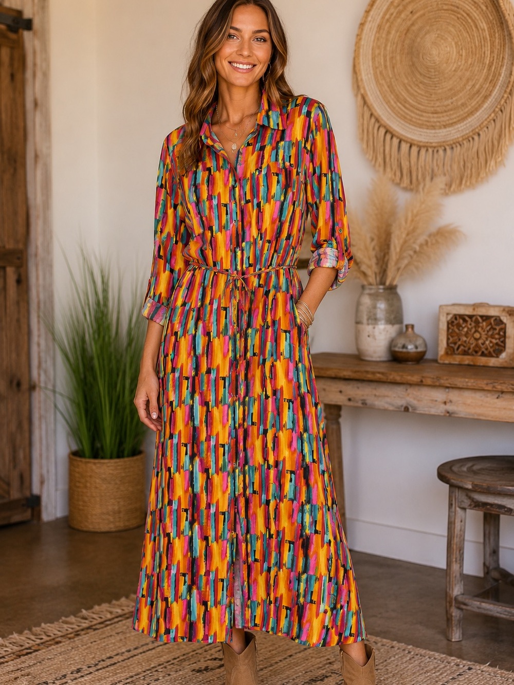Savanna Jane Multicolor Maxi Shirt Dress in Pink, Yellow & Teal
